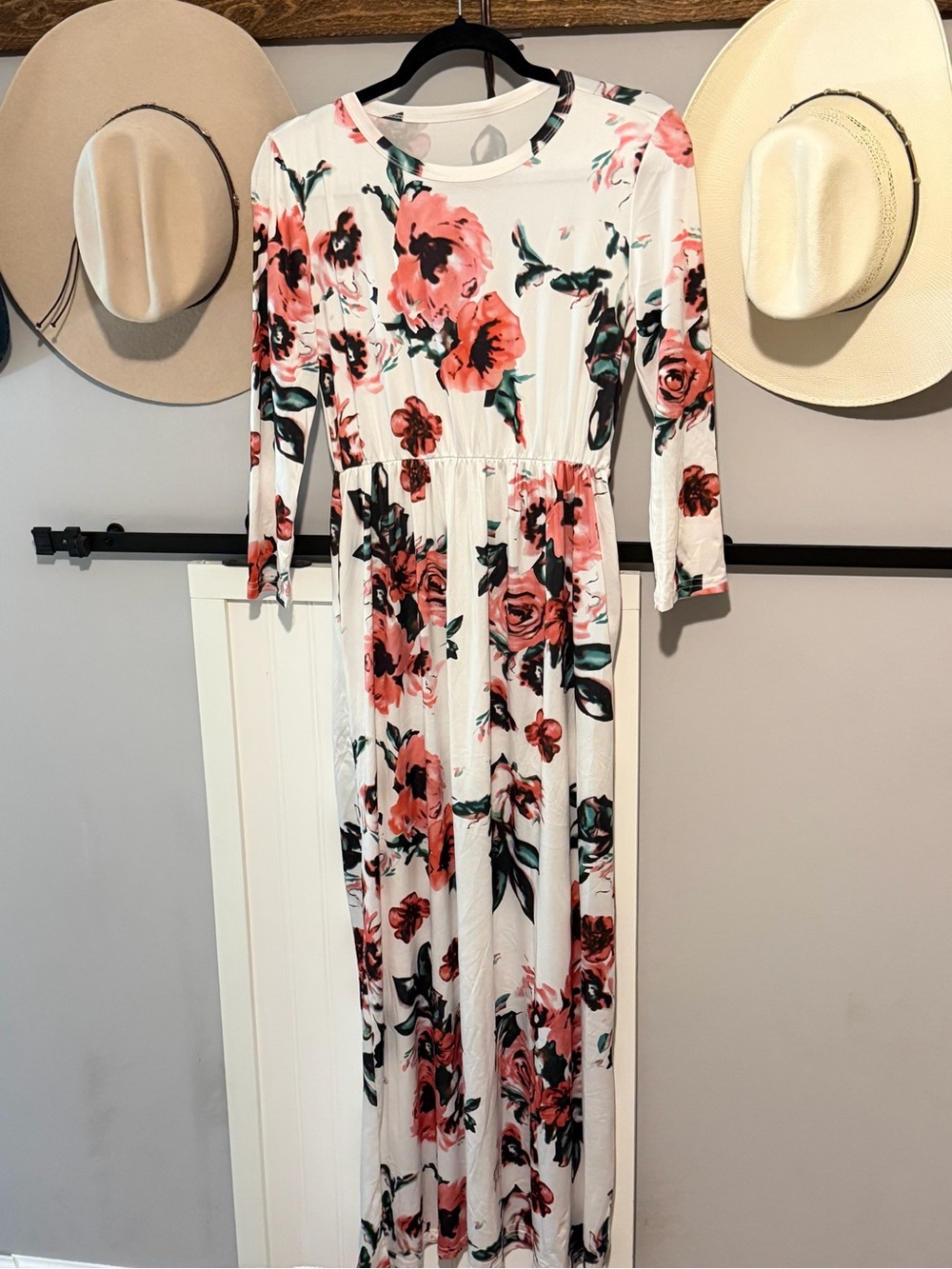 White Floral Maxi Dress with Pink Rose Print
